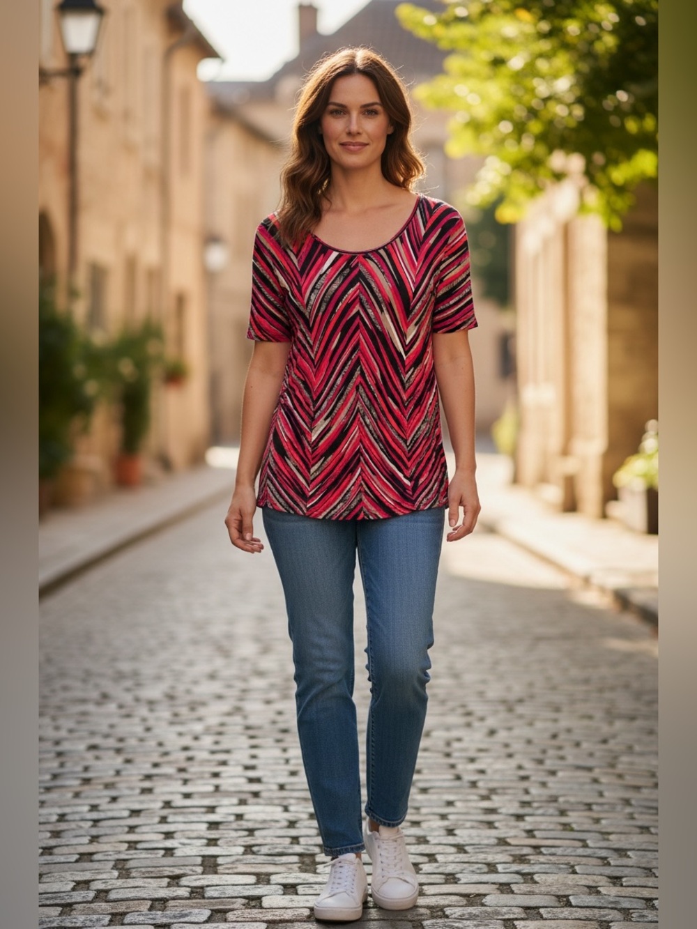 Dana Buchman Pink Chevron Scoop Neck Short Sleeve Top